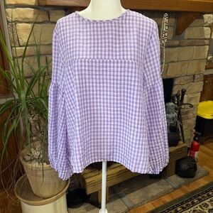PURPLE & WHITE GINGHAM BABYDOLL TOP WITH DROP BALLOON SLEEVES KEY HOLE IN BACK